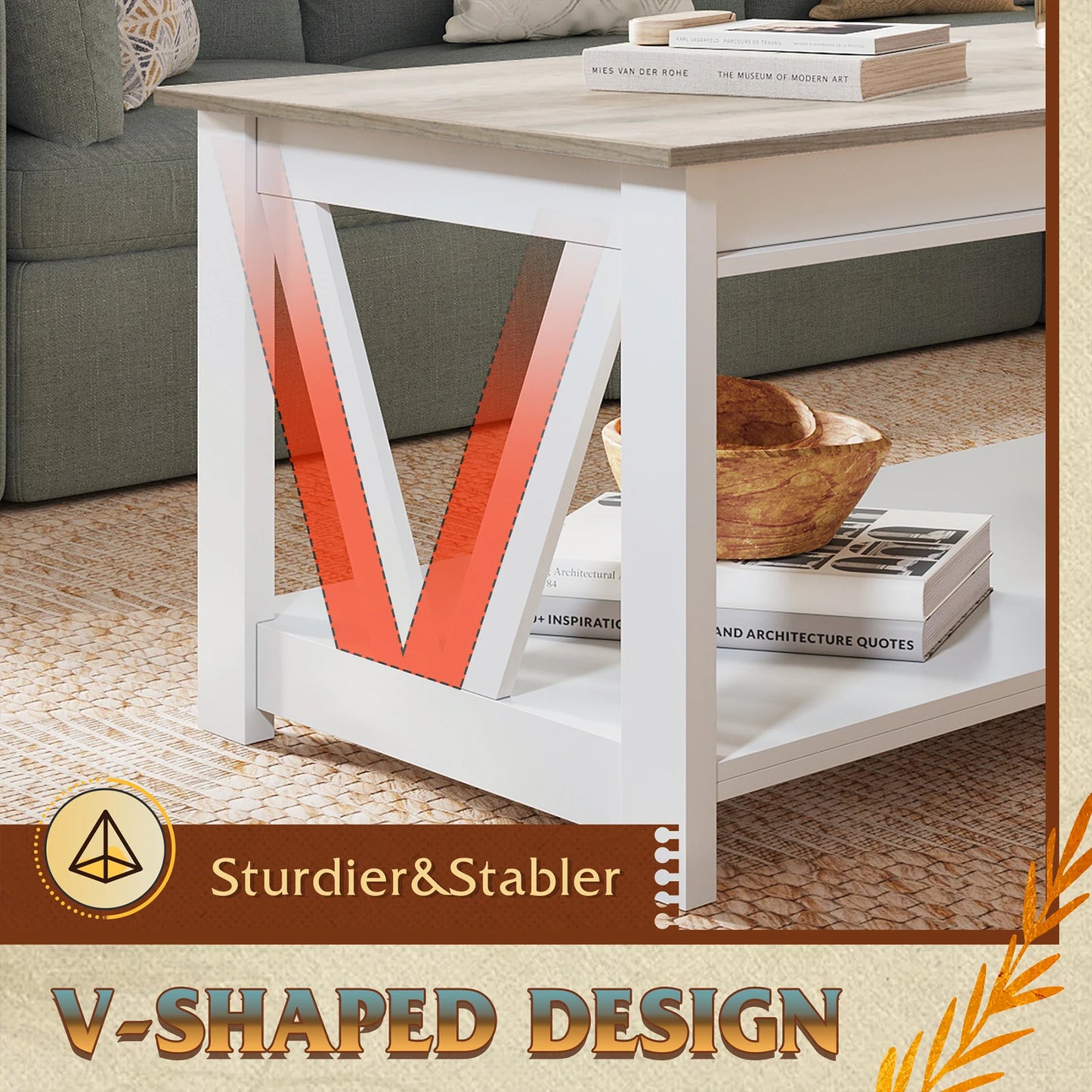 Galaxhero Coffee Table With Storage Shelf Sturdy V Shaped