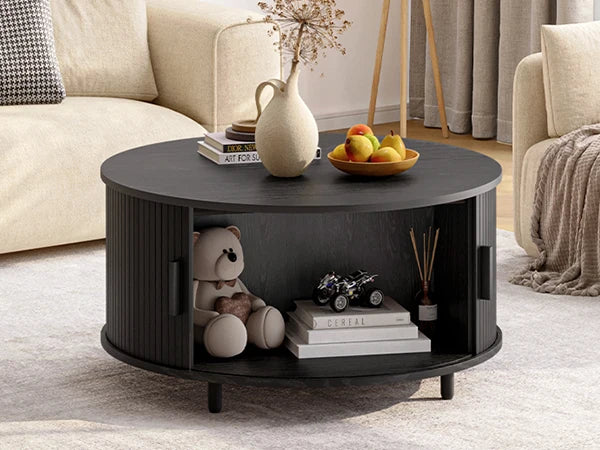 ONBRI Round Coffee Table With Storage And Sliding Door