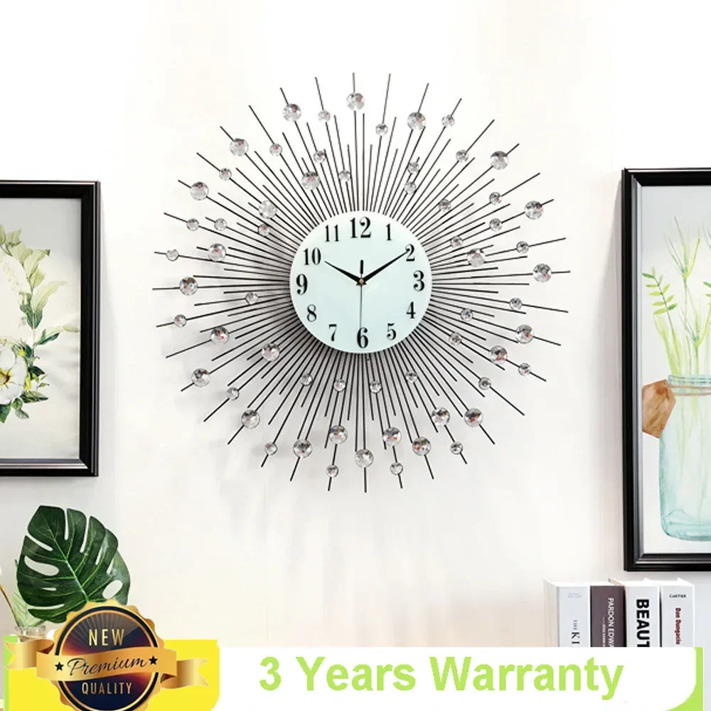 Display Sunburst Metal Wall Clock Modern Diamond Decor