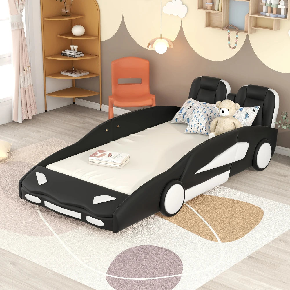 JUANLI Race Car Shaped Platform Bed With Wheels For Kids