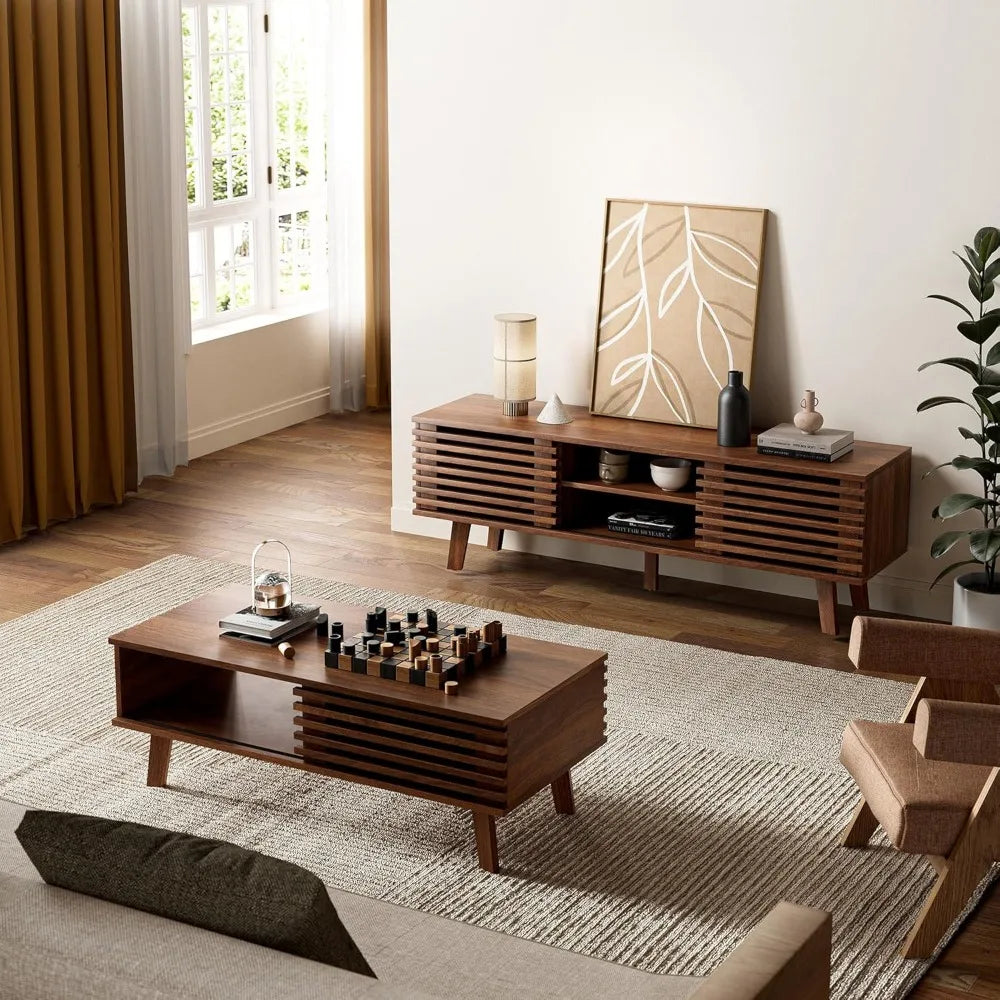 DAFIFY Mid Century Coffee Table With Storage Sliding Door