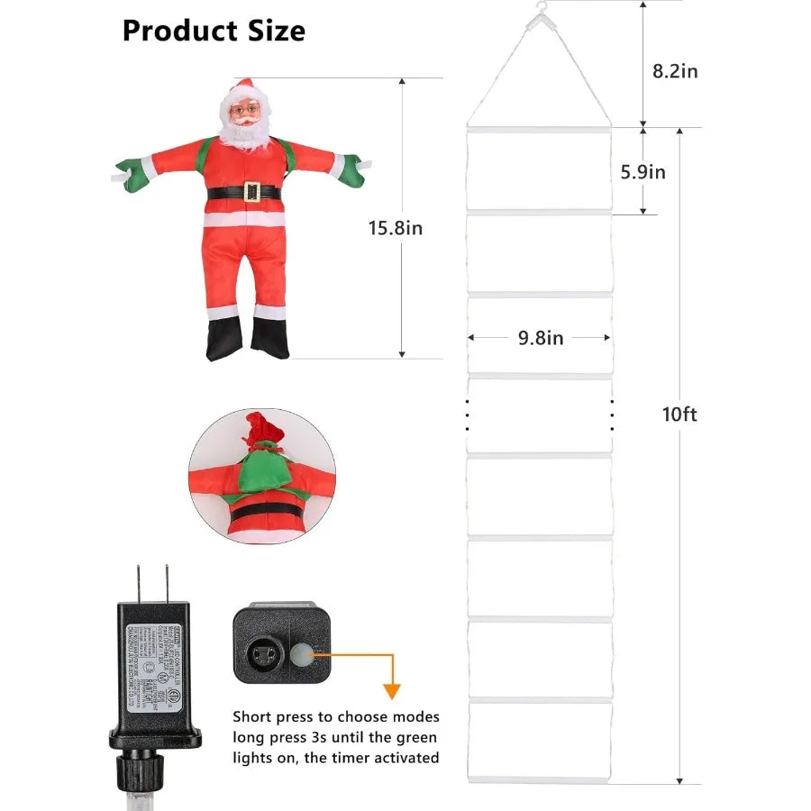 10ft Outdoor Christmas Decorative LED Ladder Lights with Climbing Santa Claus for Home Holiday Wall Window Decoration 8 Lightin