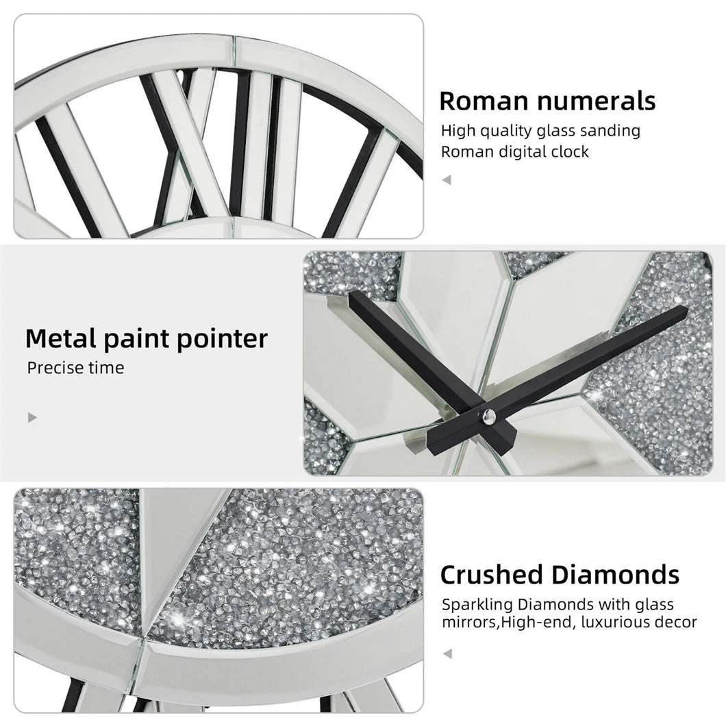 Combination Mirrored Wall Clock Round Beveled Roman Numeral