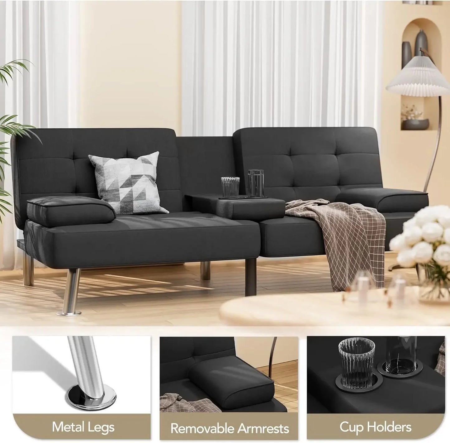XMSJ Modern Linen Upholstered Convertible Futon Sofa Bed