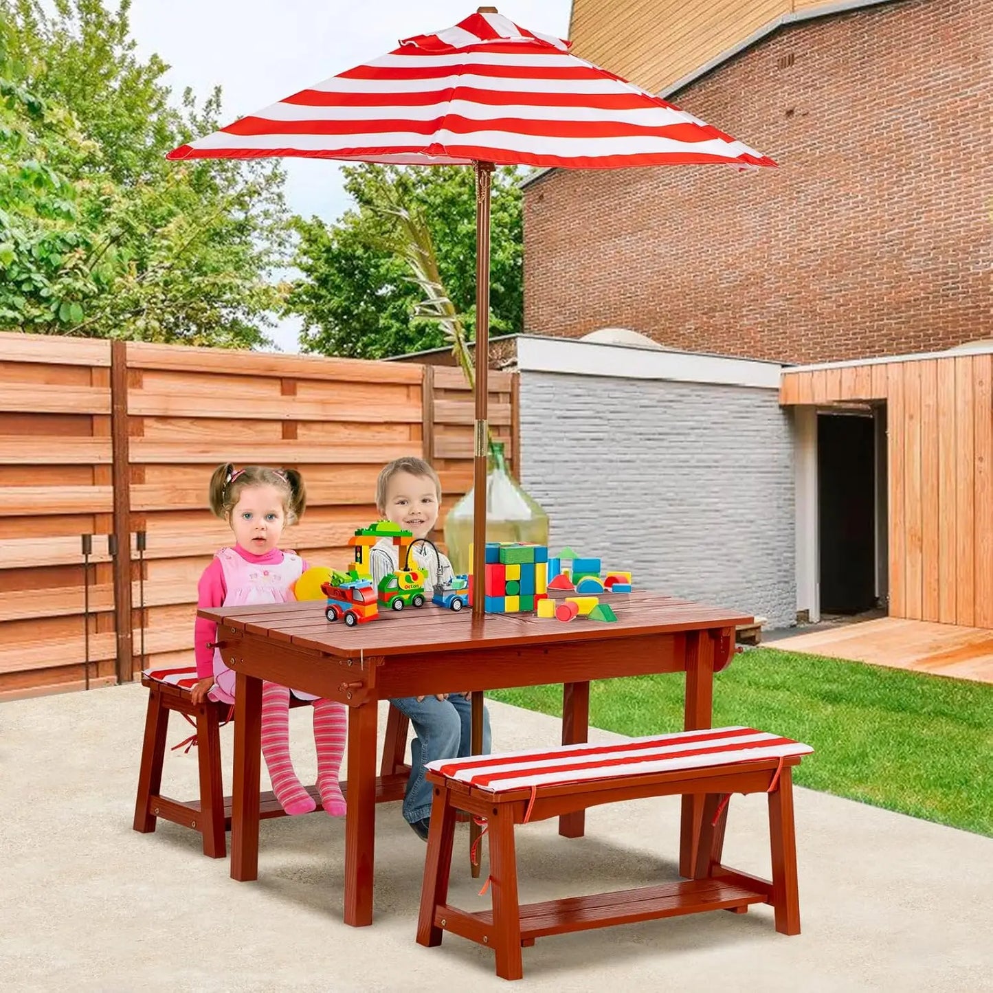 XMSJH Kids Picnic Table With Umbrella Outdoor Wooden Set