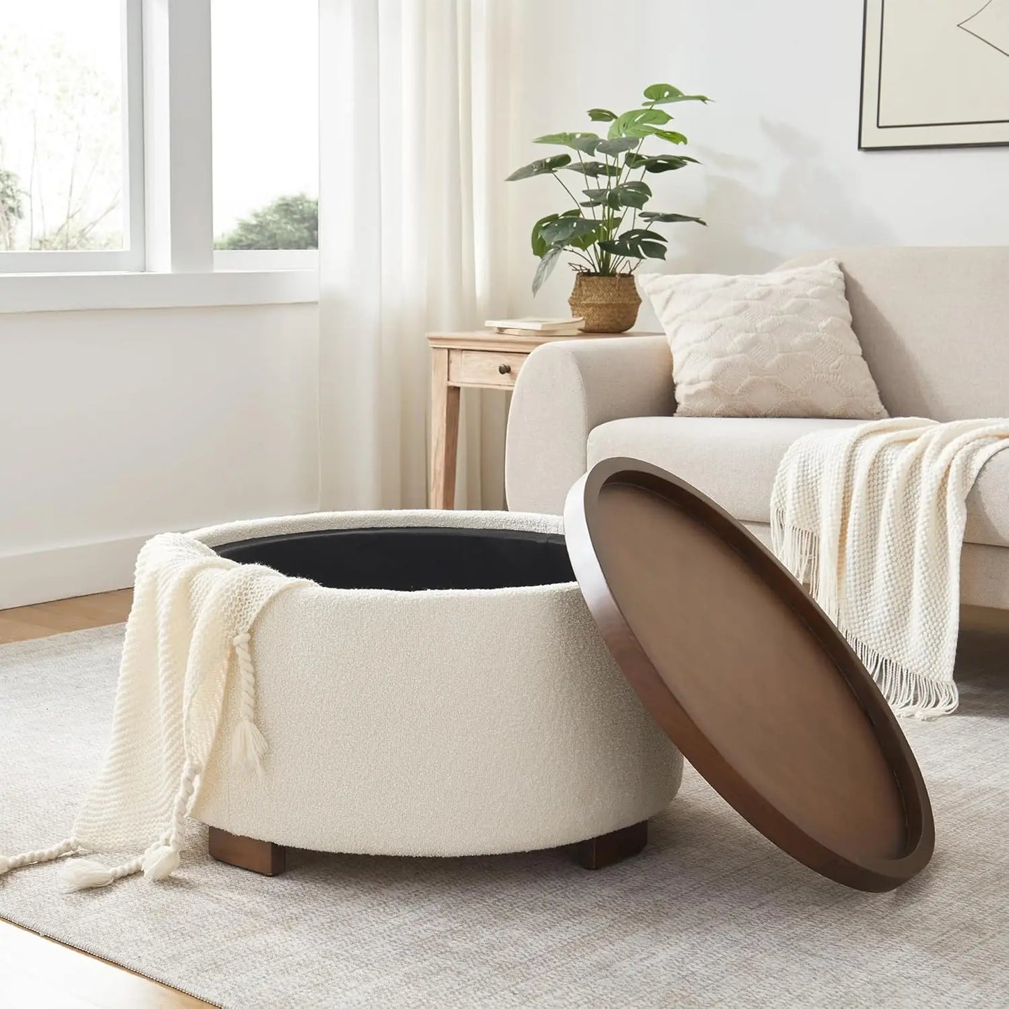 XMSJHignconcerned Boucle Ottoman With Lift Off Lid Cover