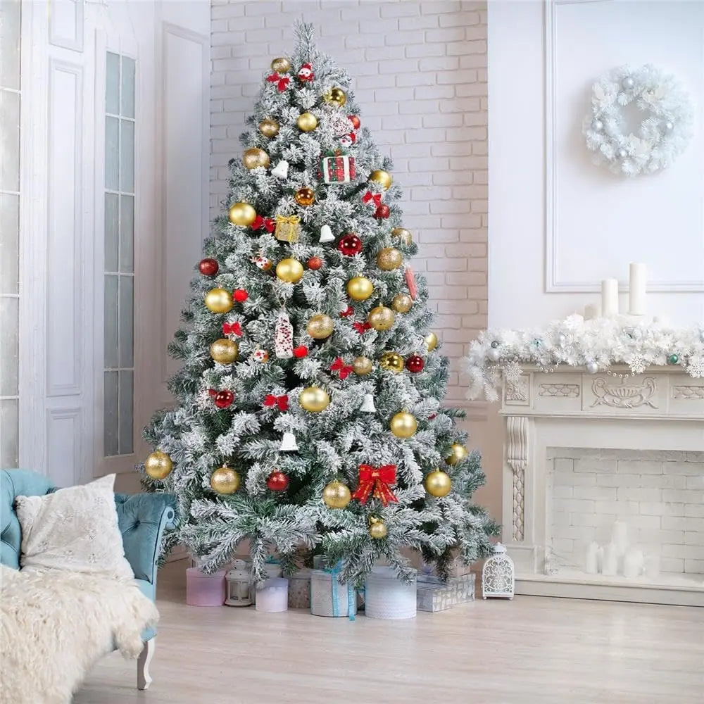 7ft/8ft Artificial Christmas Tree with Snow Flocked  Xmas Tree W/1000 Branch Tips, Foldable Metal Stand, Green & White