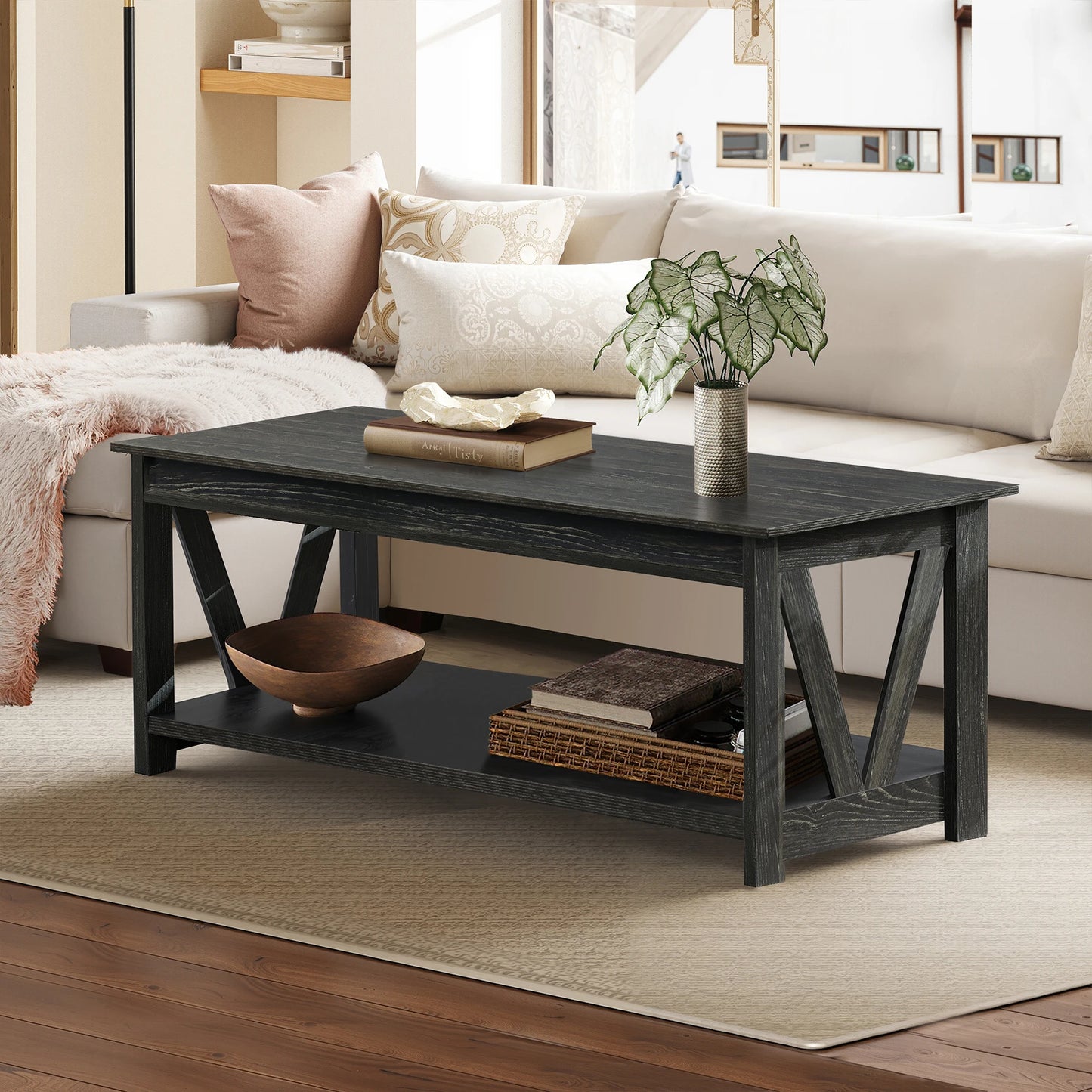 Galaxhero Coffee Table With Storage Shelf Sturdy V Shaped