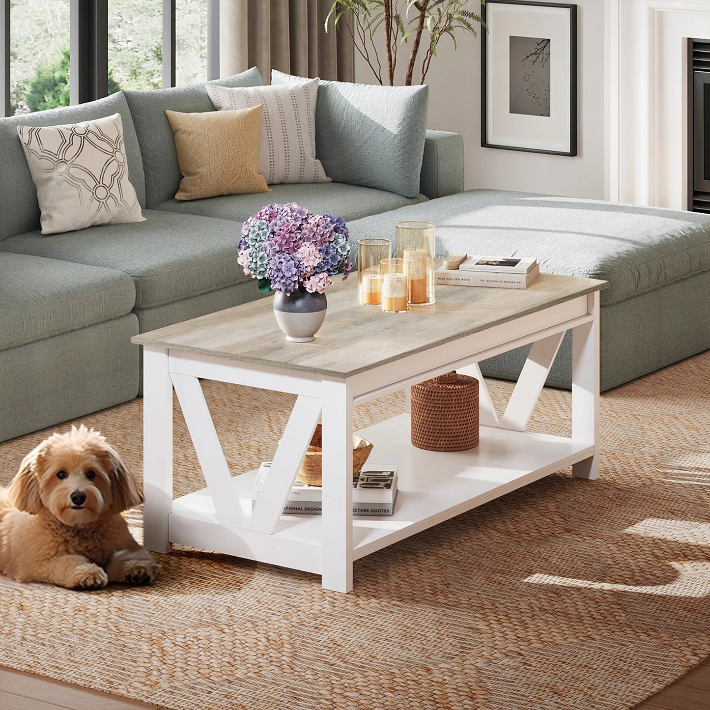 Galaxhero Coffee Table With Storage Shelf Sturdy V Shaped