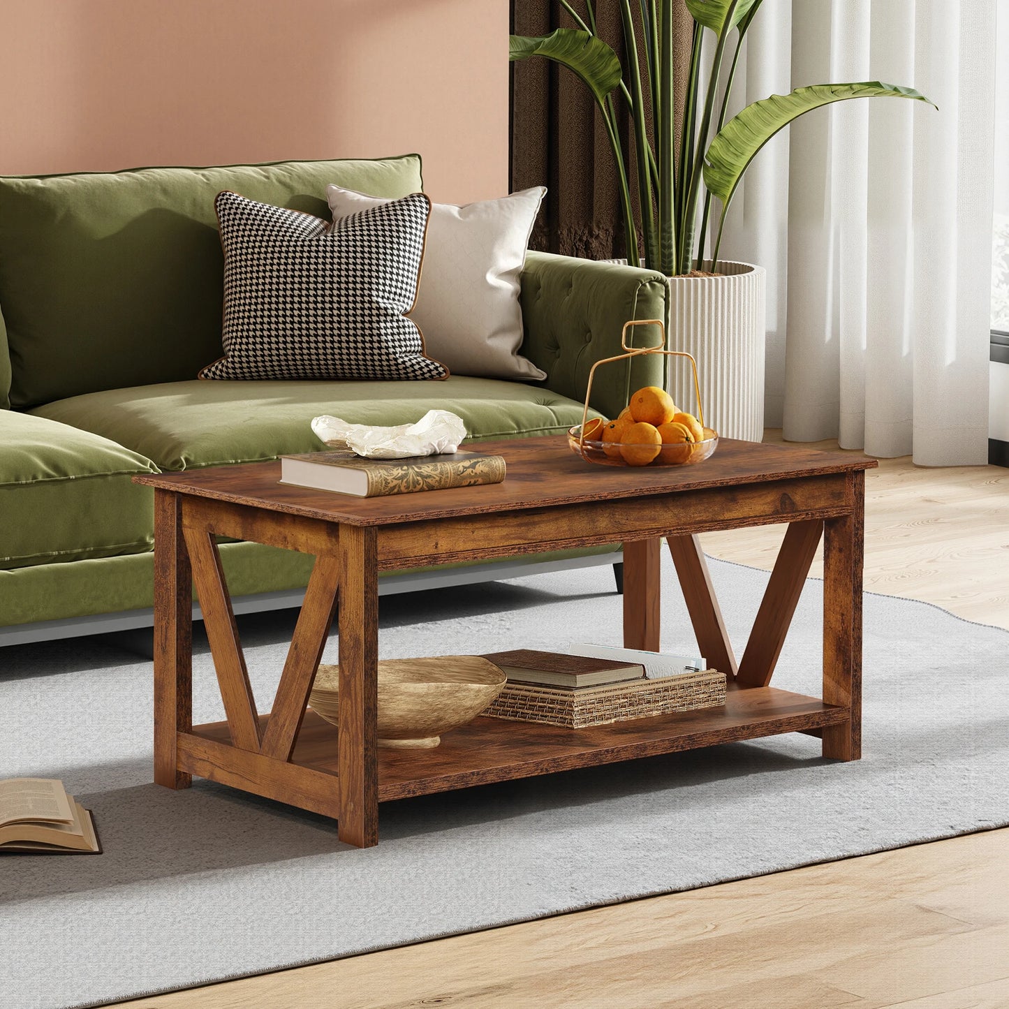 Galaxhero Coffee Table With Storage Shelf Sturdy V Shaped