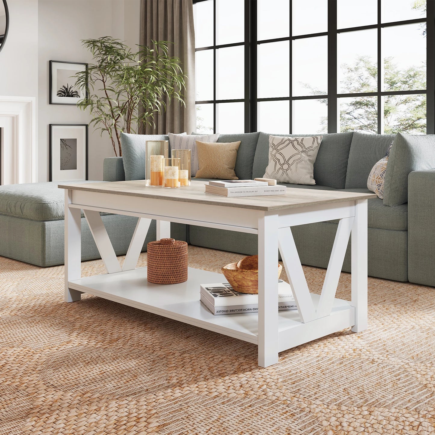 Galaxhero Coffee Table With Storage Shelf Sturdy V Shaped