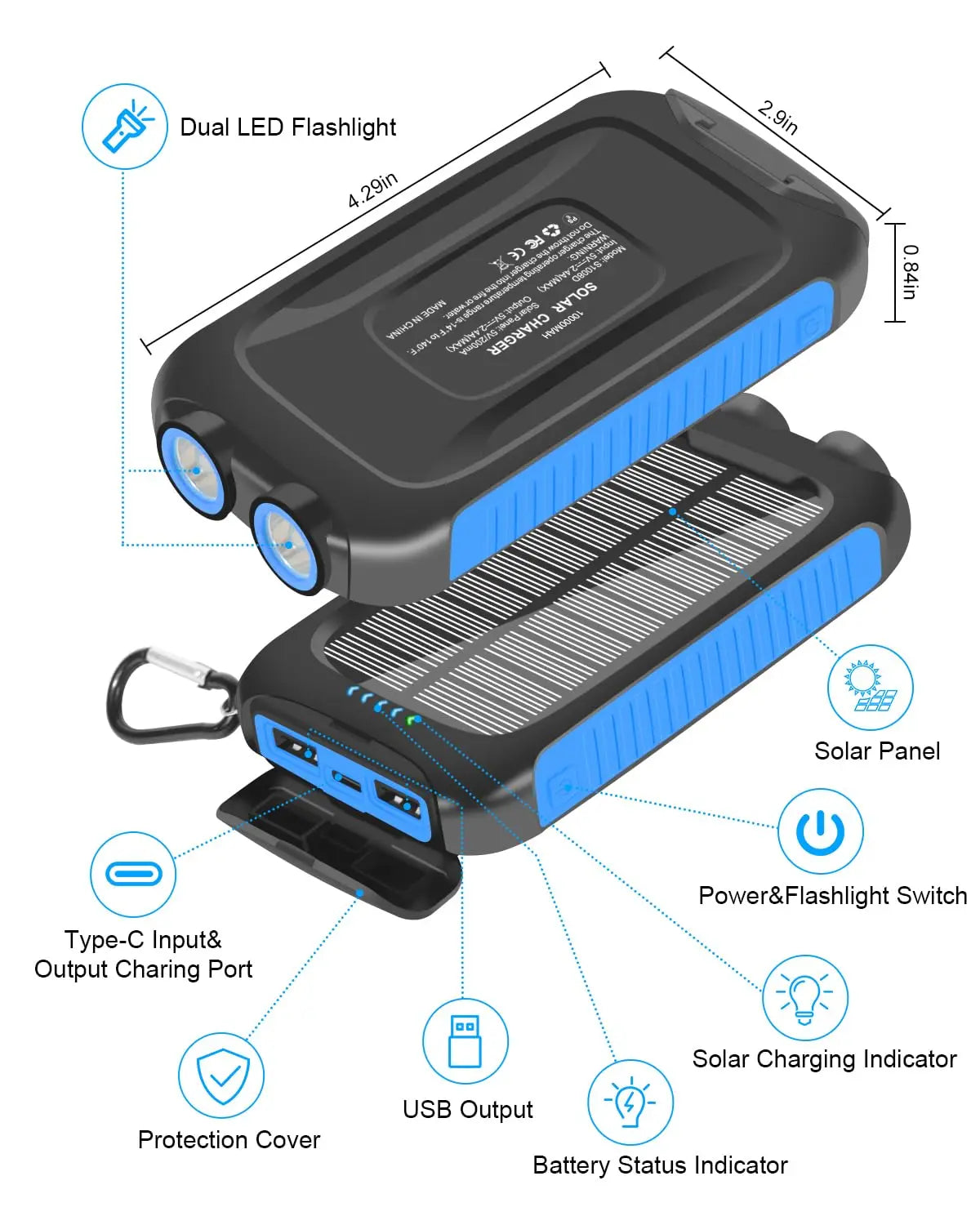 SOLUPUP 10000mAh Solar Power Bank Waterproof Dual USB