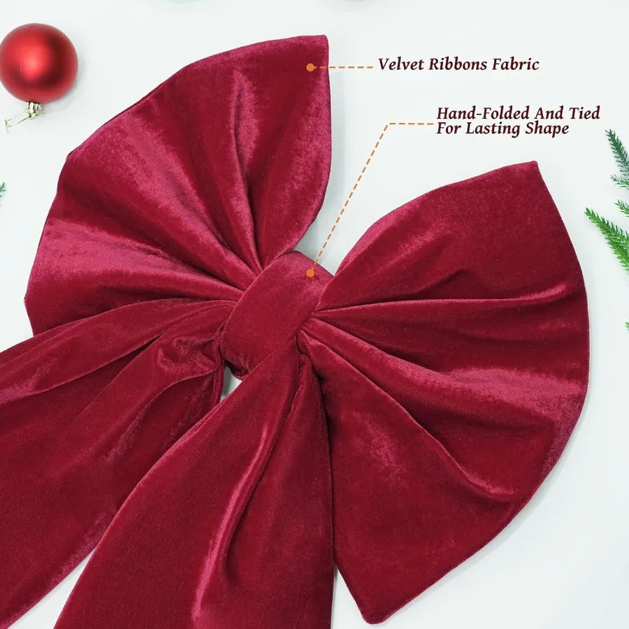 Large Red Velvet Christmas Tree Topper 36x18 Inches for Indoor Outdoor Use Burgundy Ribbon Gift Bows for Home Decor Wreaths Man
