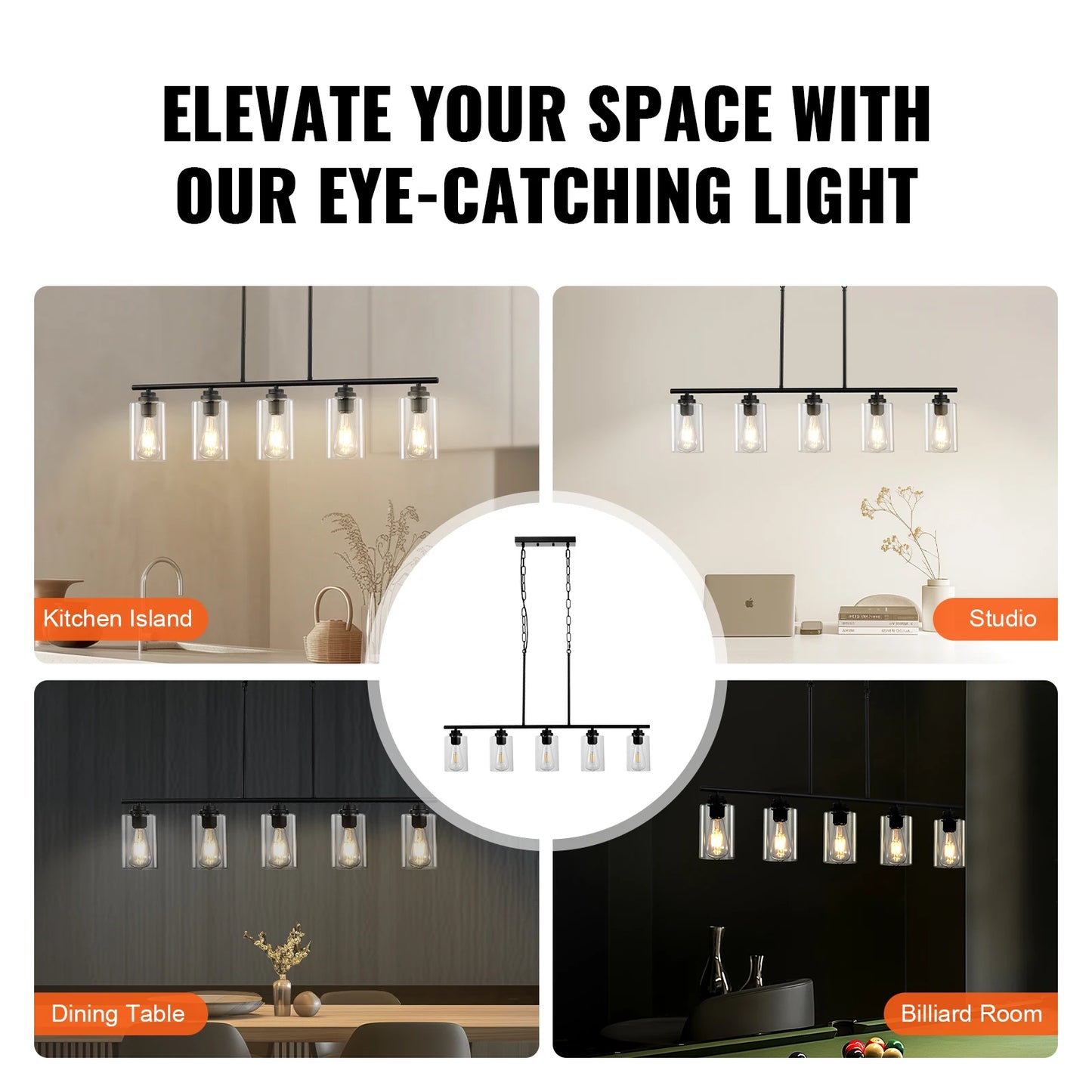 VEVOR 5 Light Kitchen Island Pendant Lights 60W Glass Shade