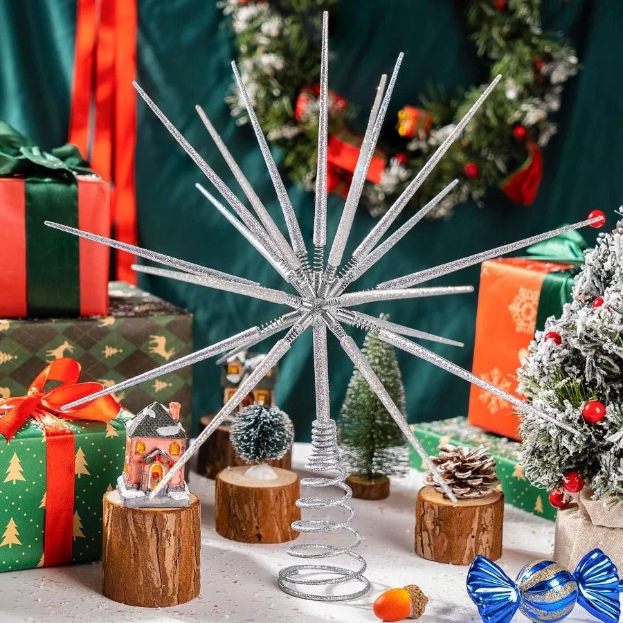 Elegant Silver Christmas Tree Topper 13.7 Inch with Star Burst Design for Holiday Decorations Perfect for Home Office and Event