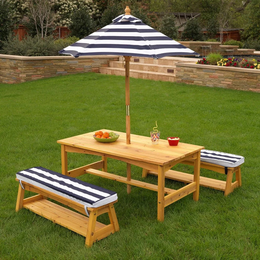 XMSJ Wooden Table And Bench Set With Cushions Umbrella