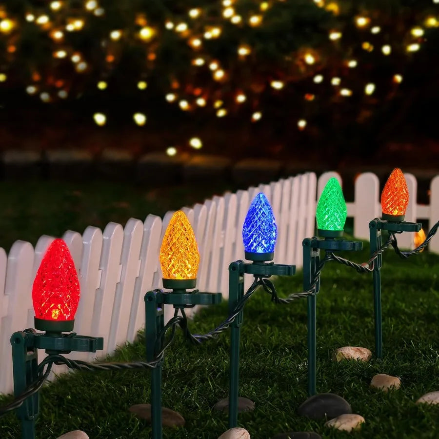 C9 Christmas Pathway Lights 25FT Outdoor Christmas Light with 25 Stakes 25 Multicolored LED Bulbs Connetable String Lights for