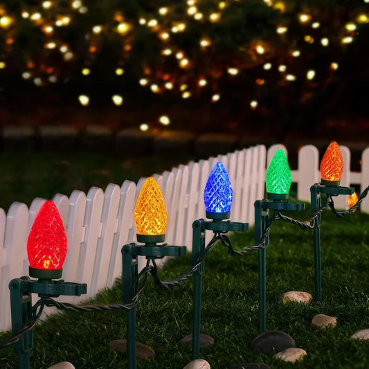C9 Christmas Pathway Lights 25FT Outdoor Christmas Light with 25 Stakes 25 Multicolored LED Bulbs Connetable String Lights for
