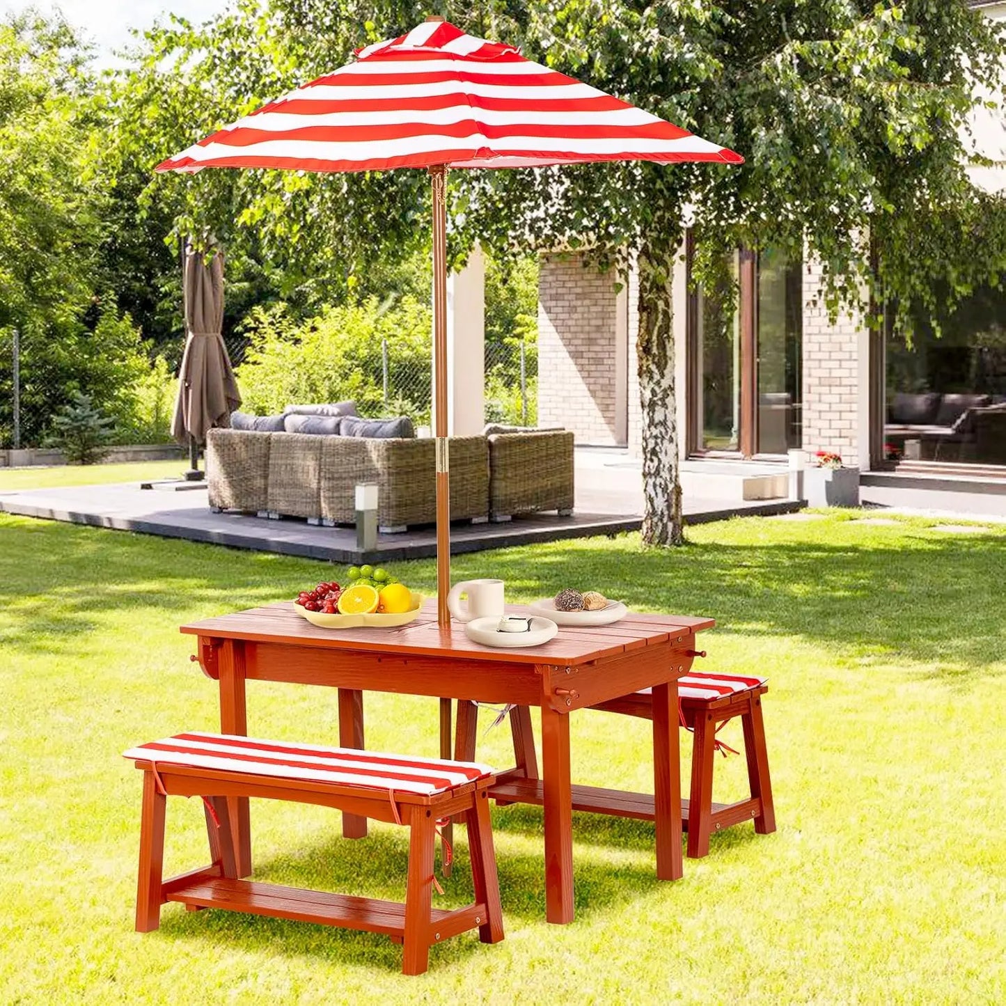 XMSJH Kids Picnic Table With Umbrella Outdoor Wooden Set
