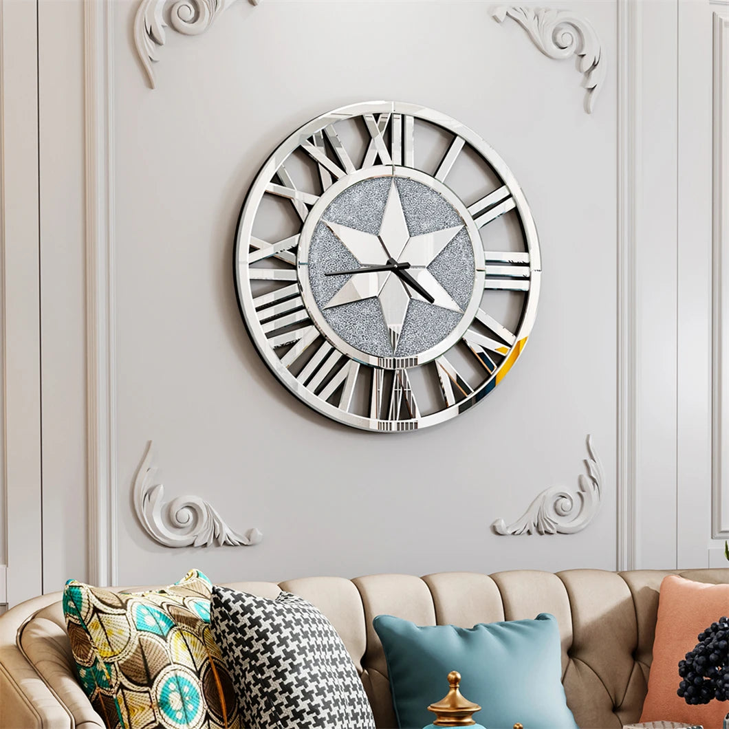 Combination Mirror Wall Clock Skeleton Roman Numeral Round