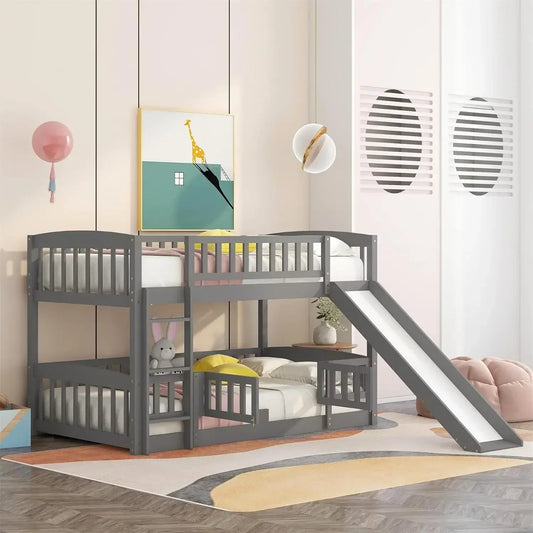 XMSJ Low Bunk Bed With Slide Wood Frame Rails For Kids