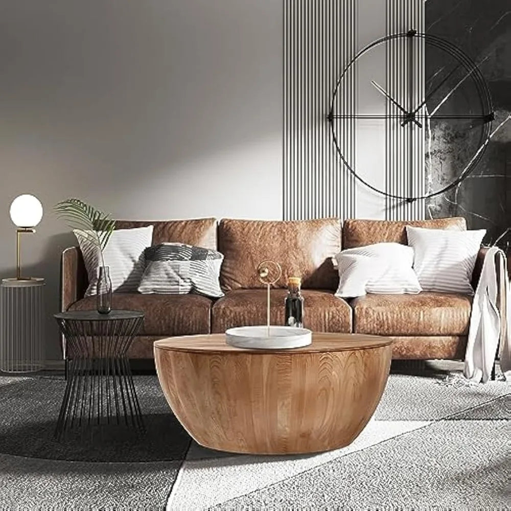 ANGDUO Round Coffee Table With Storage Wood Look Vintage