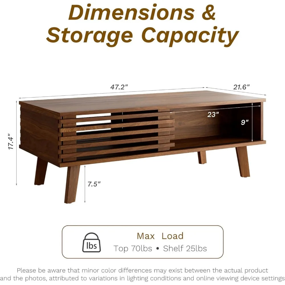 DAFIFY Mid Century Coffee Table With Storage Sliding Door