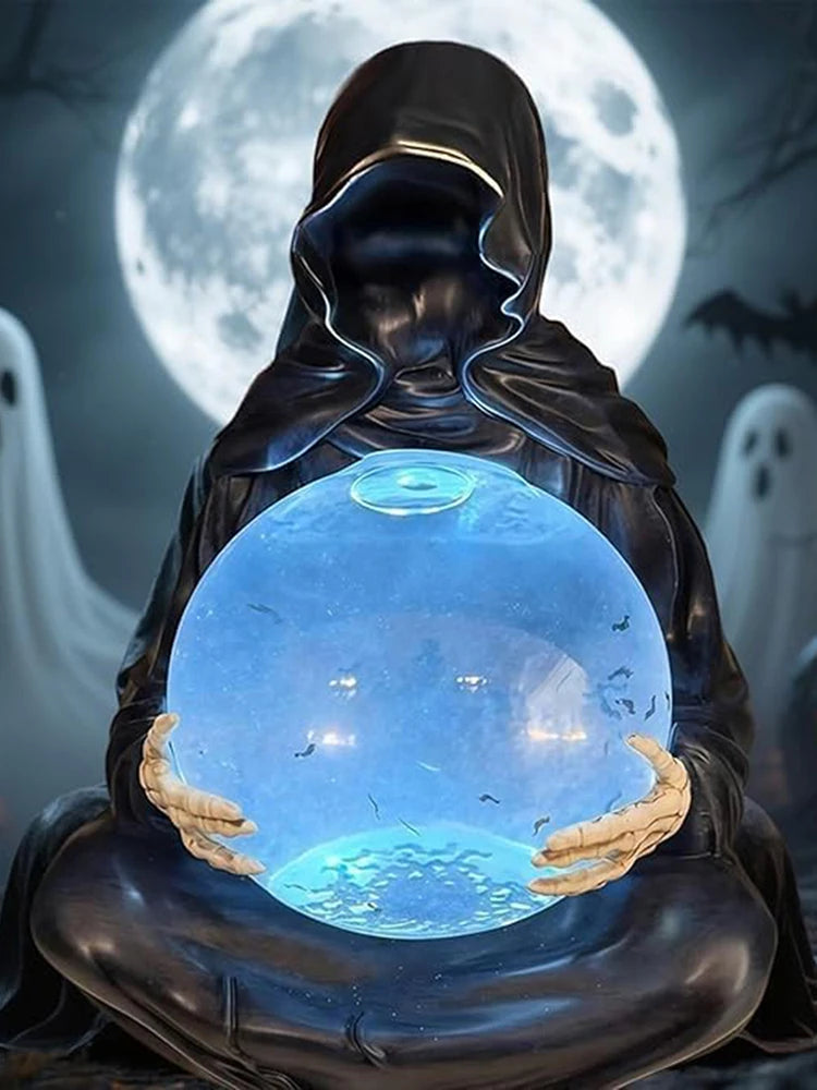 Grim Reaper Statue Reaper Sitting With Bat Crystal Ball