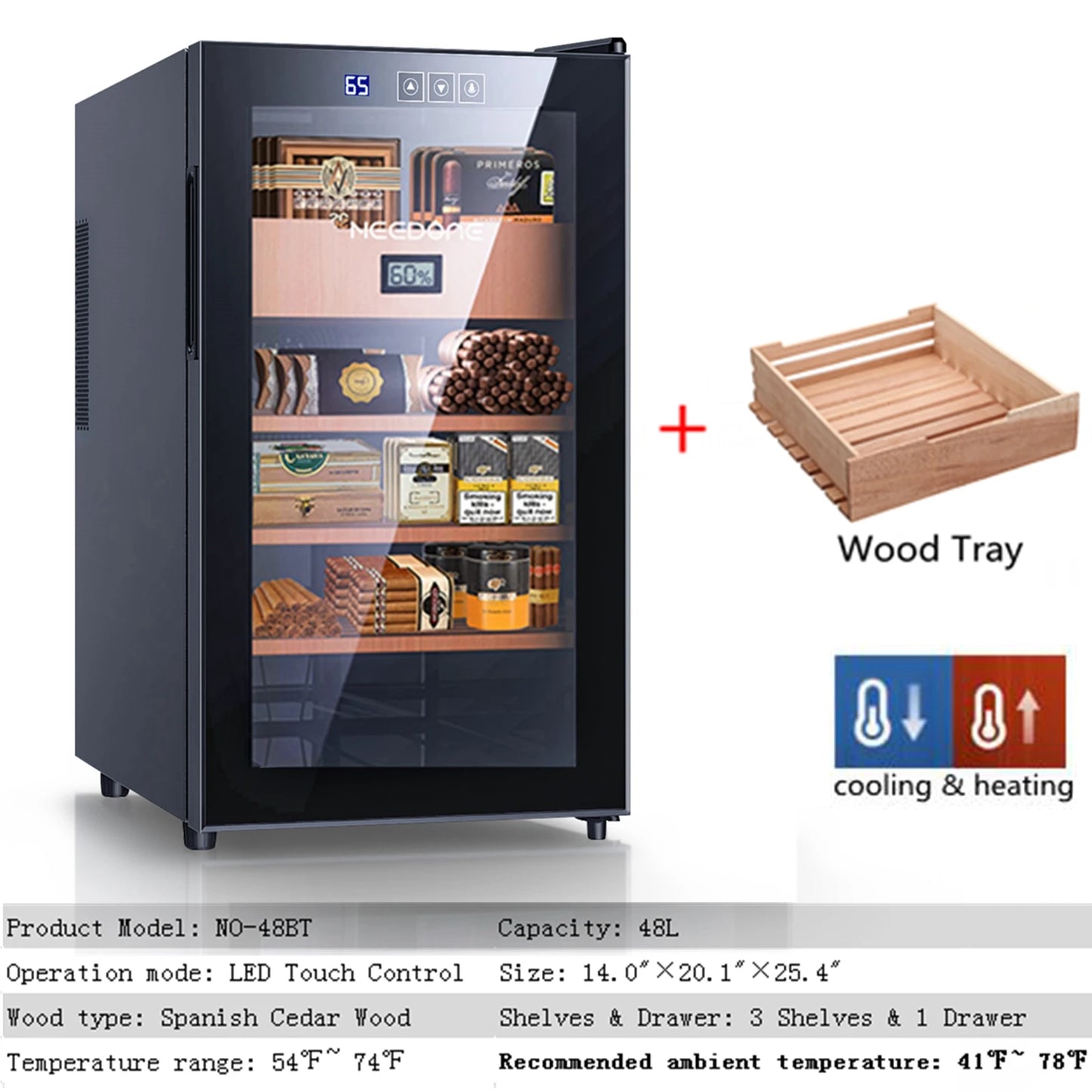 NEEDONE 48L Cigar Humidor with Heating and Cooling Temperature Control System Quiet Thermostatic Electric Cooler Cabinet