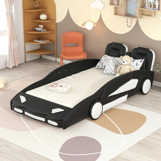 JUANLI Race Car Shaped Platform Bed With Wheels For Kids