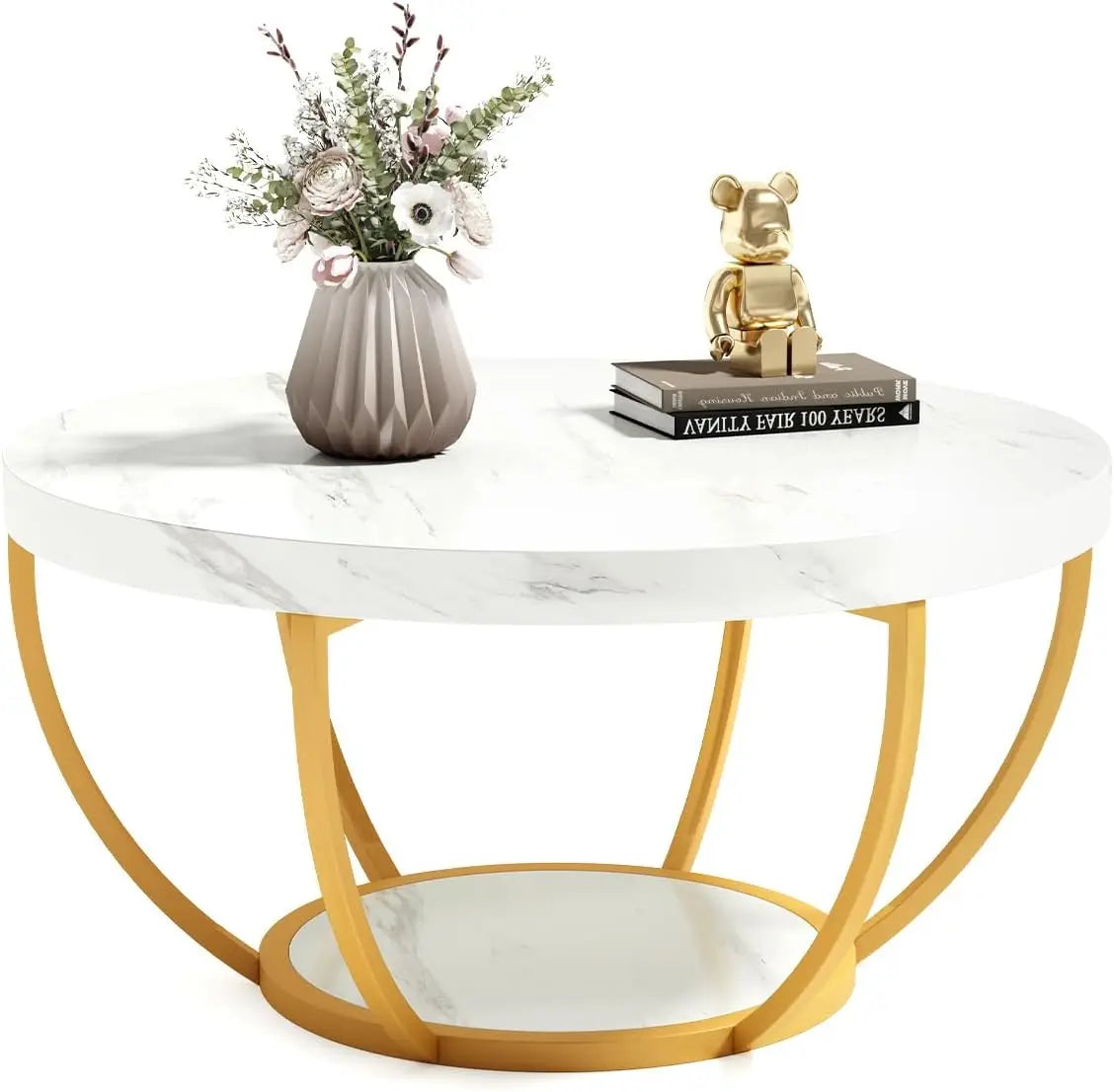 Little Tree Marble Circle Coffee Table With Gold Metal Legs