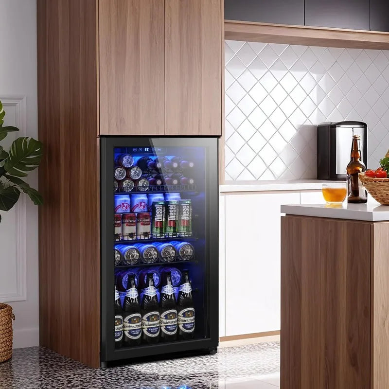 Beverage Fridge, 130 Can Mini Fridge With Glass Door, Beverage Cooler Refrigerator, Wine Drink Beer Cooler