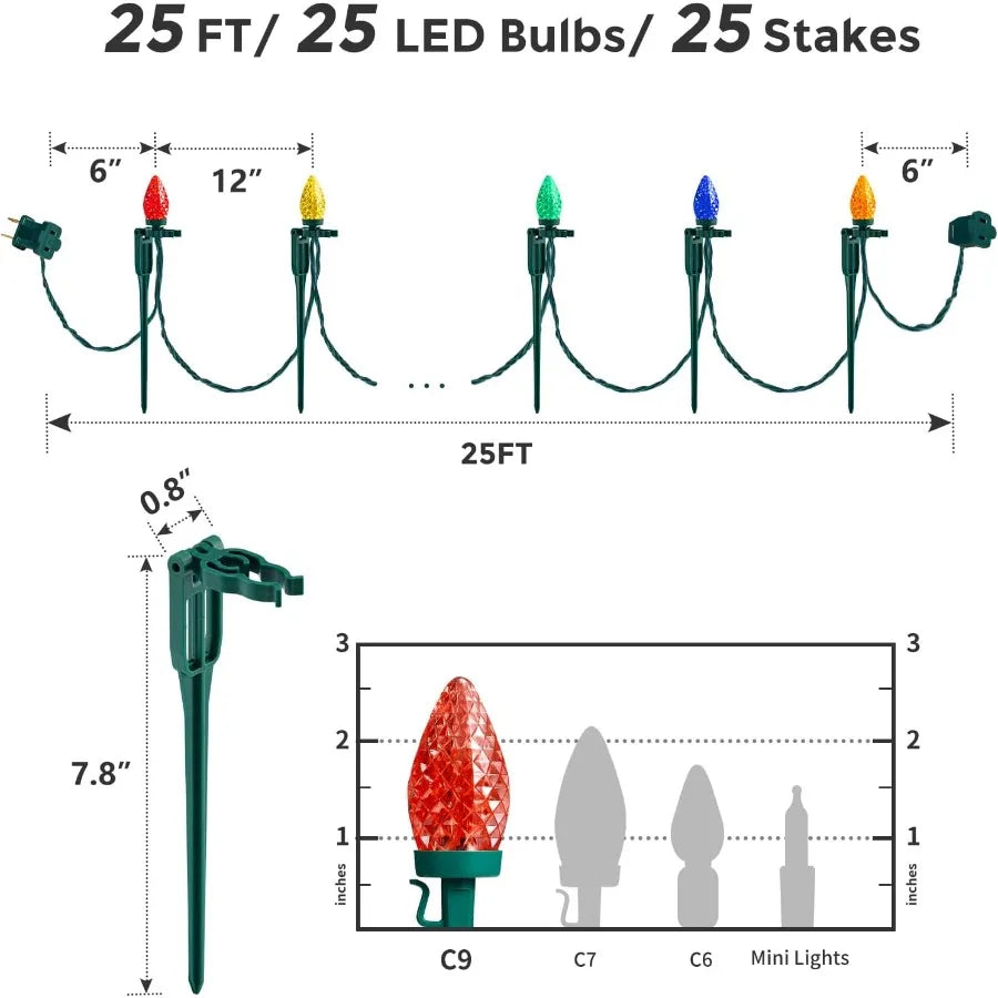C9 Christmas Pathway Lights 25FT Outdoor Christmas Light with 25 Stakes 25 Multicolored LED Bulbs Connetable String Lights for