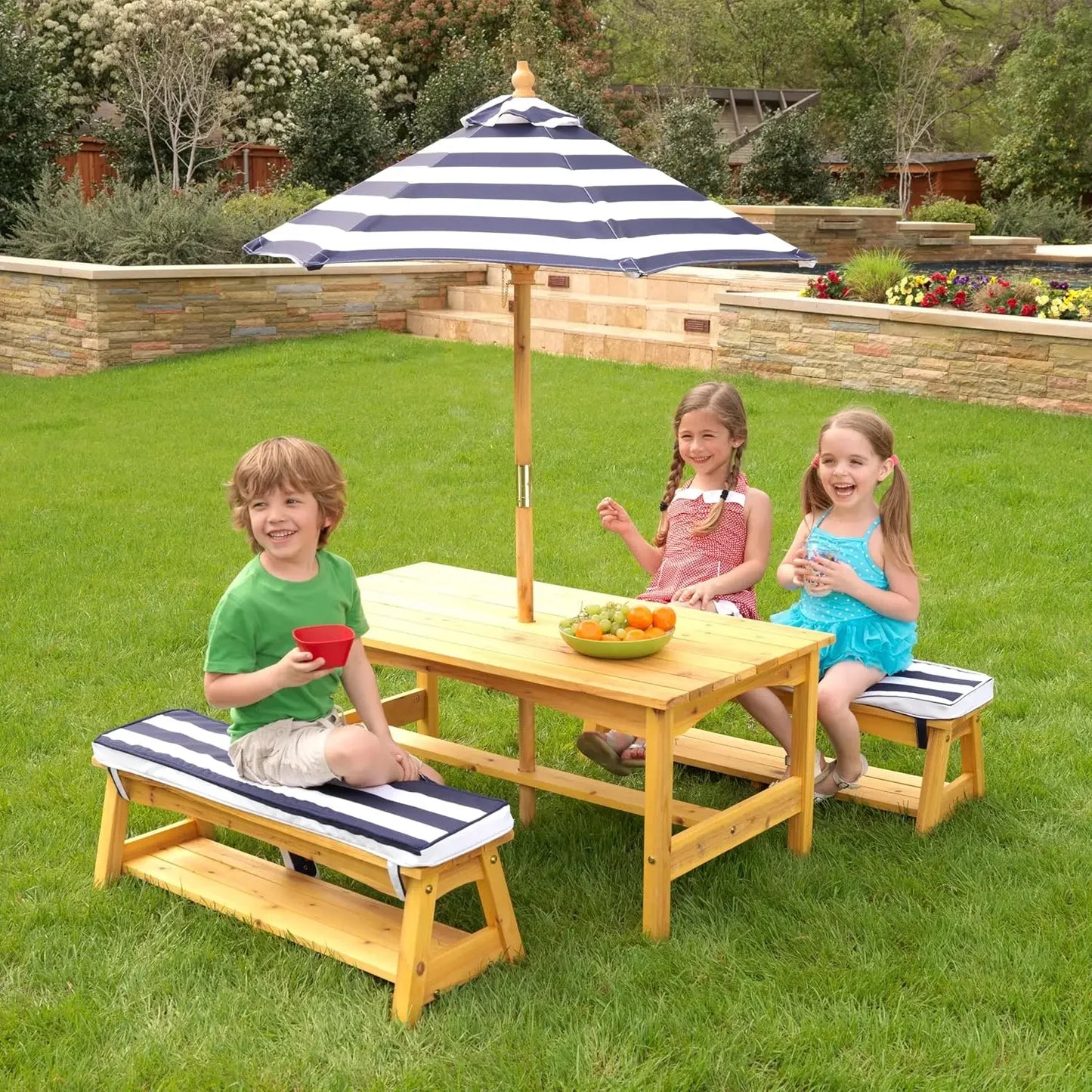 XMSJ Wooden Table And Bench Set With Cushions Umbrella