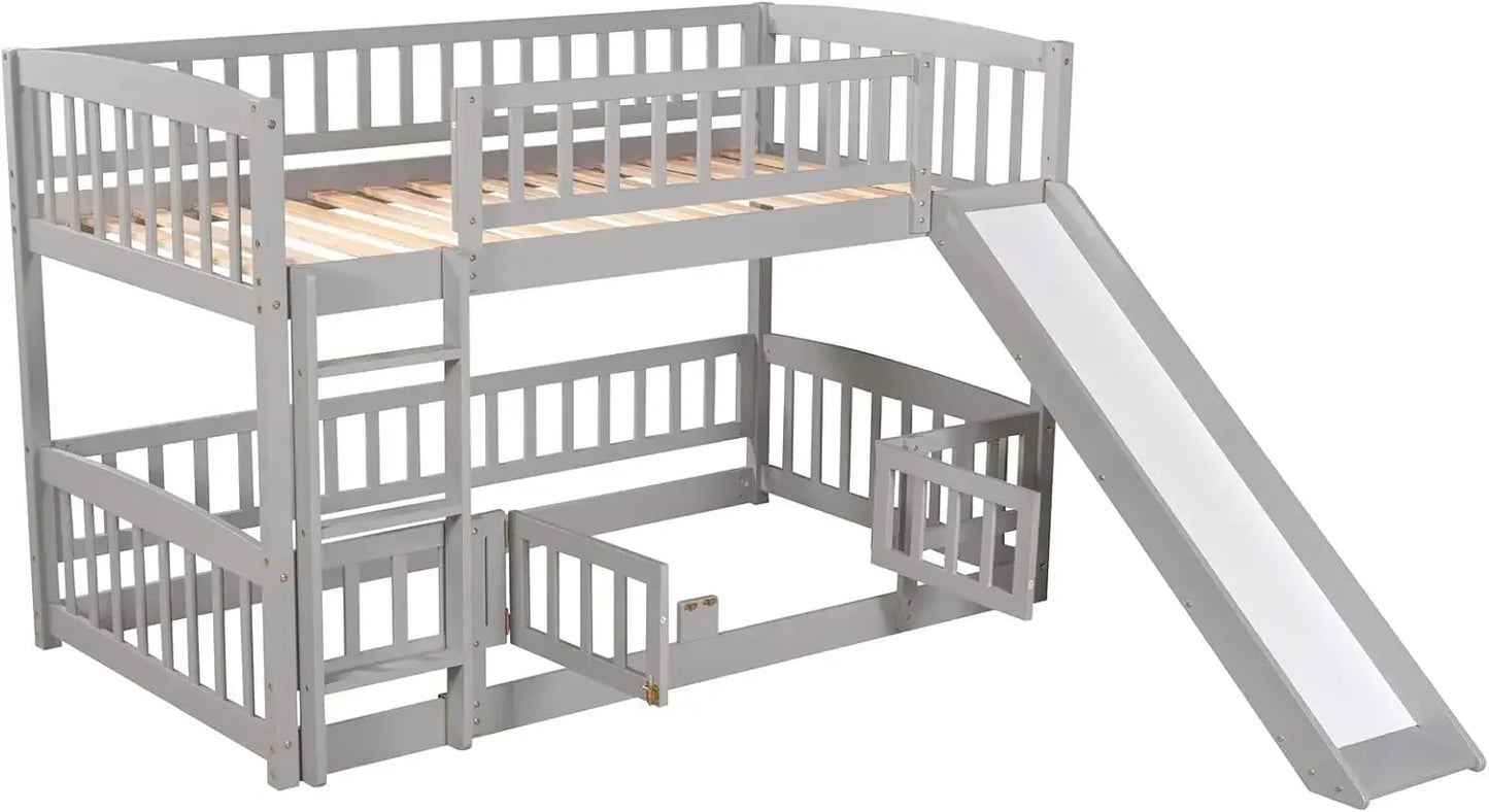 XMSJ Low Bunk Bed With Slide Wood Frame Rails For Kids