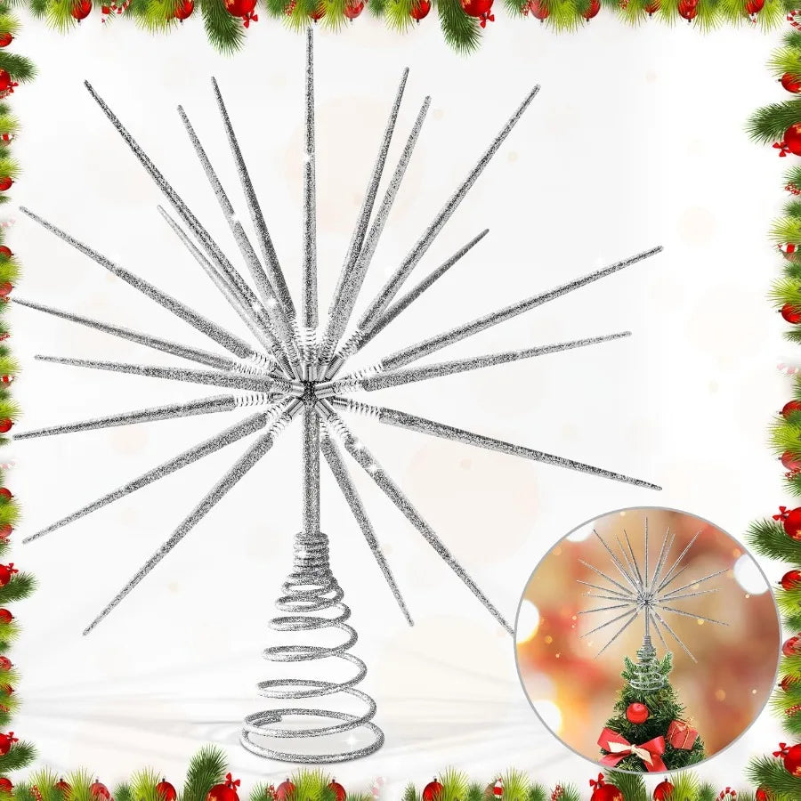 Elegant Silver Christmas Tree Topper 13.7 Inch with Star Burst Design for Holiday Decorations Perfect for Home Office and Event