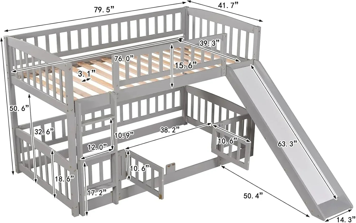 XMSJ Low Bunk Bed With Slide Wood Frame Rails For Kids