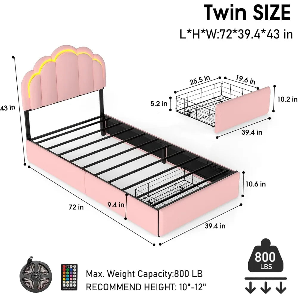 ANGDUO LED Bed Frame with Storage Drawers Petal Headboard