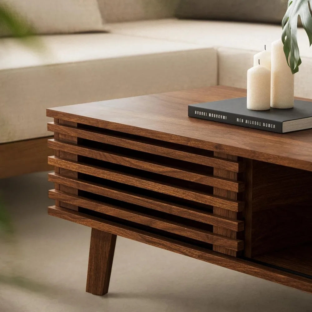 DAFIFY Mid Century Coffee Table With Storage Sliding Door
