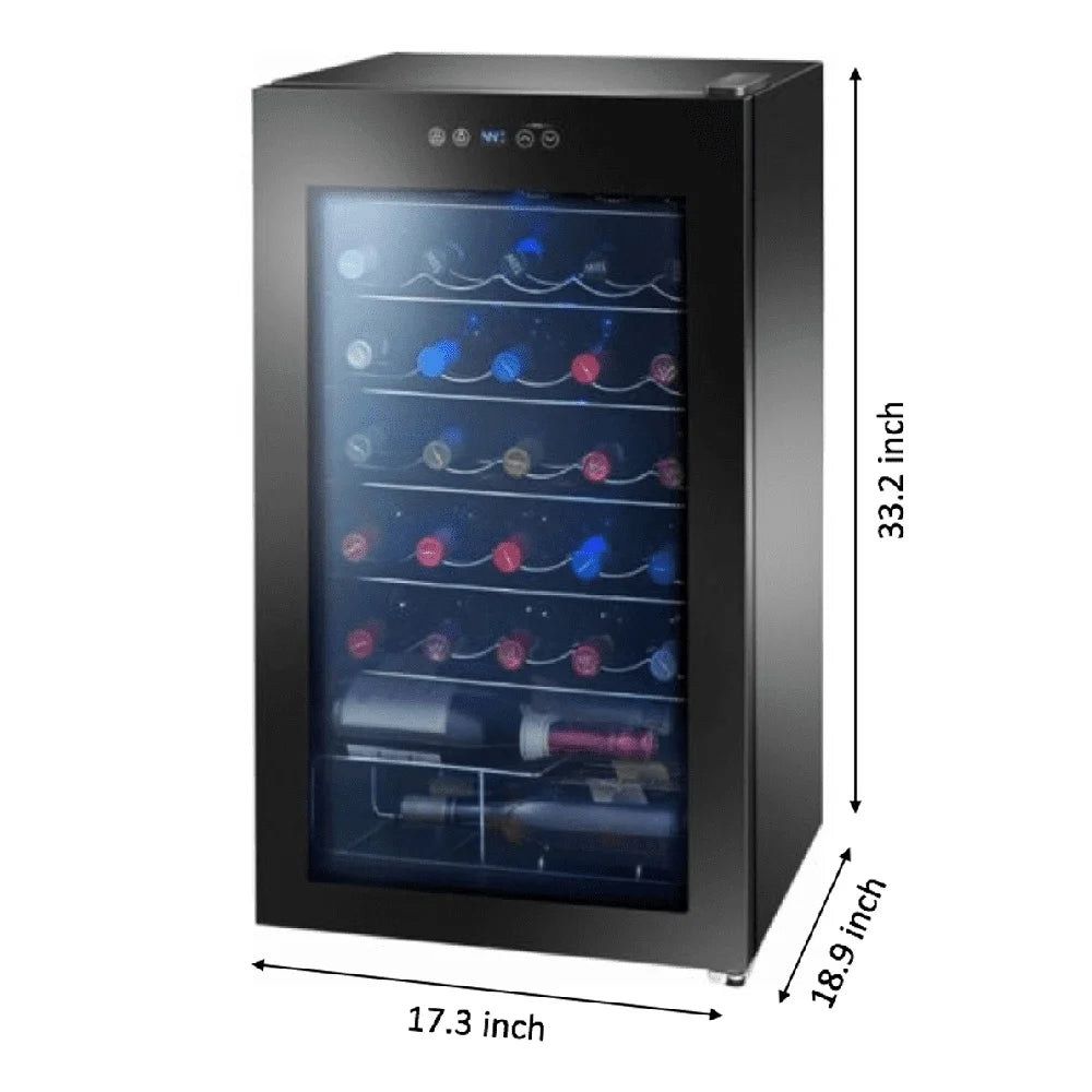 Premium 34-Bottle Wine Cooler Adjustable Temperature Glass Door LED Lighting Compact Design Kitchen Dining Room Wine Cellar