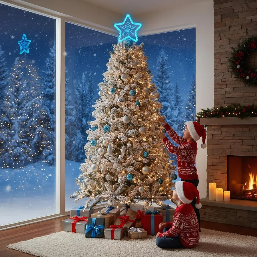 Christmas Star Tree Topper with LED Blue Light Snowflake Design USB or Battery Operated Perfect for Indoor Office and Home Holi