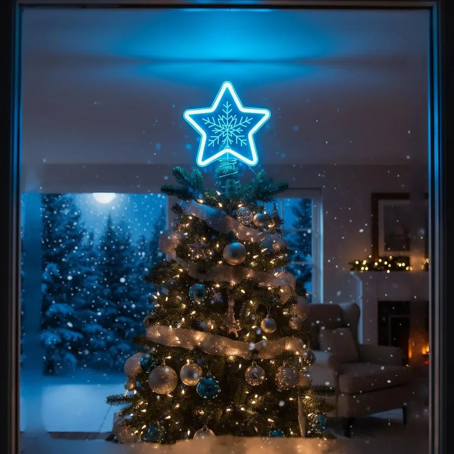Christmas Star Tree Topper with LED Blue Light Snowflake Design USB or Battery Operated Perfect for Indoor Office and Home Holi