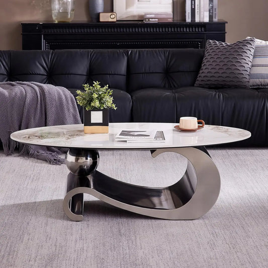 Guangbai Modern Oval Faux Marble Coffee Table Metal Base