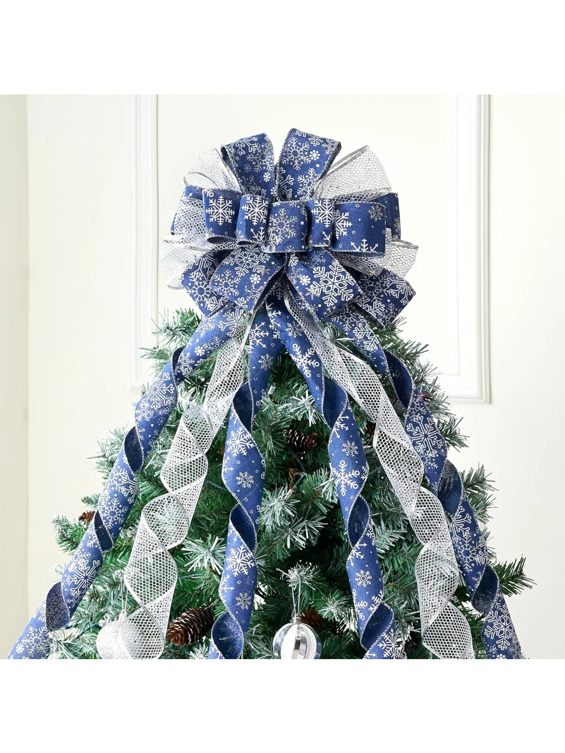 JOYFY 45 Inch Christmas Tree Topper Bow Blue Silver Ribbon Ornaments with Snowflakes Glitter for Xmas Holiday Themed Decoration