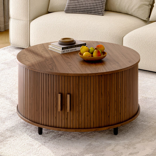 ONBRI Round Coffee Table With Storage And Sliding Door