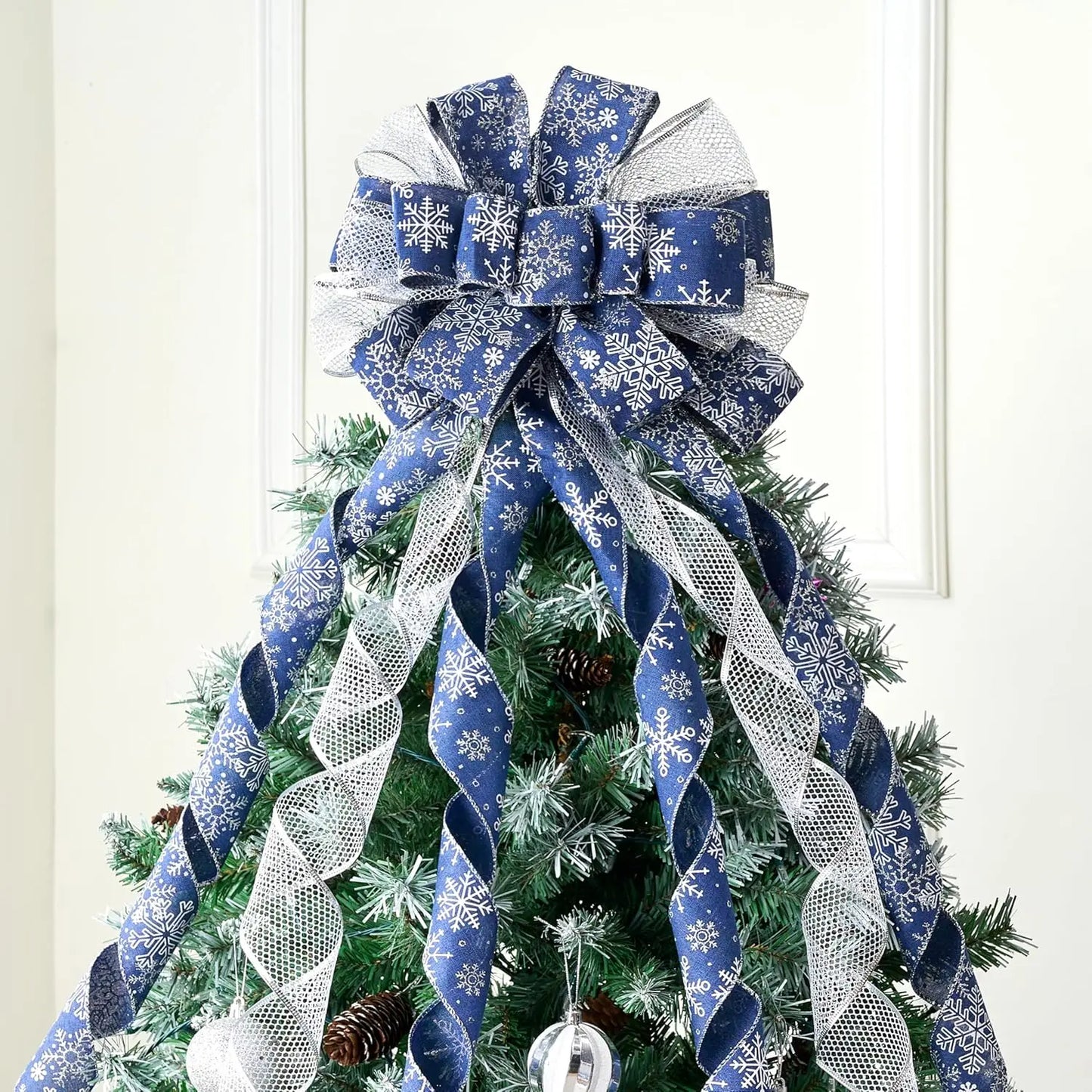 JOYFY 45 Inch Christmas Tree Topper Bow Blue Silver Ribbon Ornaments with Snowflakes Glitter for Xmas Holiday Themed Decoration