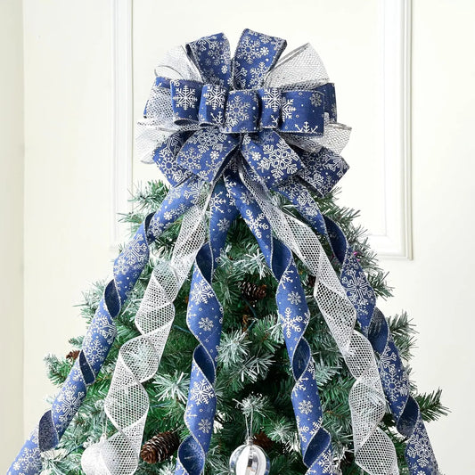 JOYFY 45 Inch Christmas Tree Topper Bow Blue Silver Ribbon Ornaments with Snowflakes Glitter for Xmas Holiday Themed Decoration