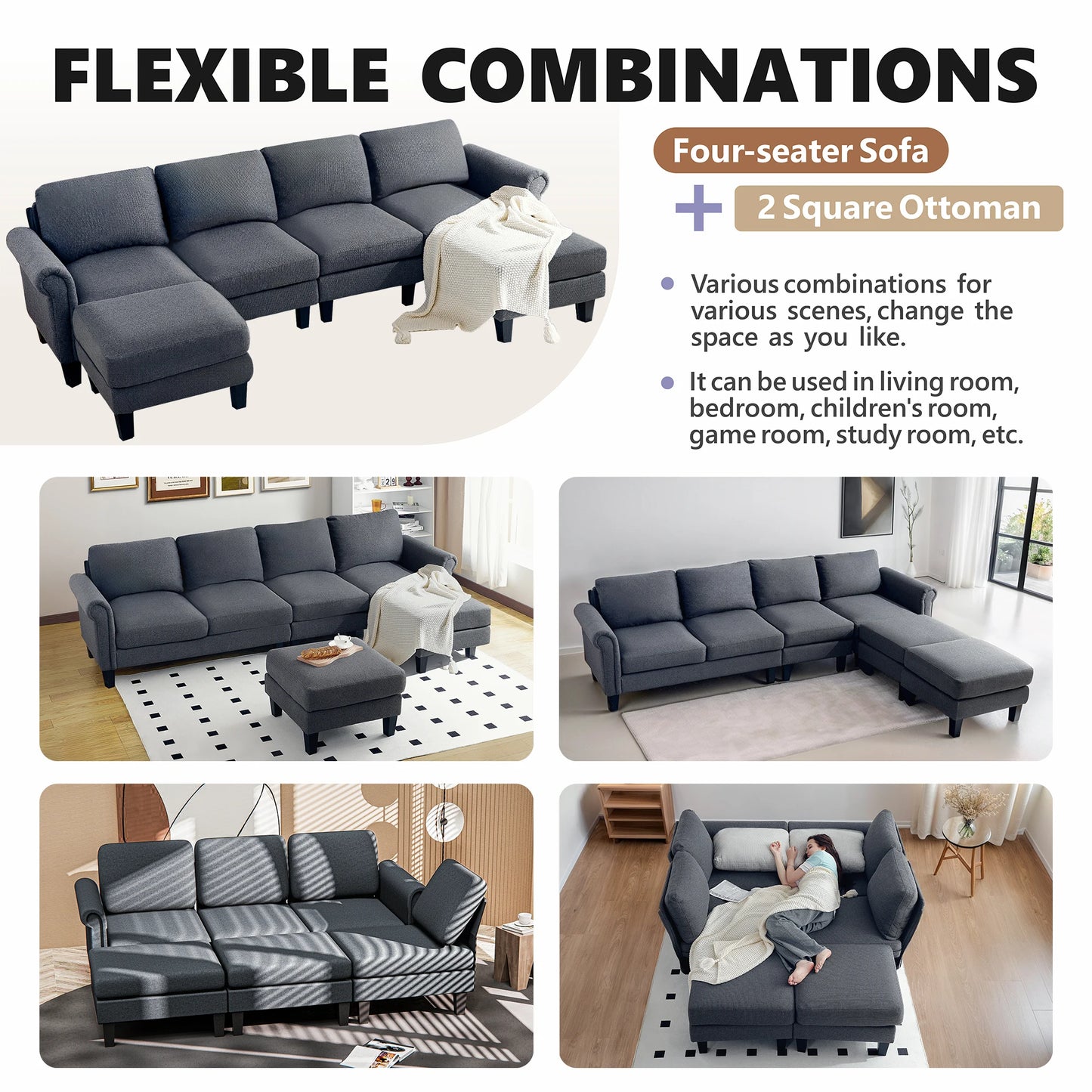 Redlife L Shaped Sectional Sofa With Chaise And Ottomans