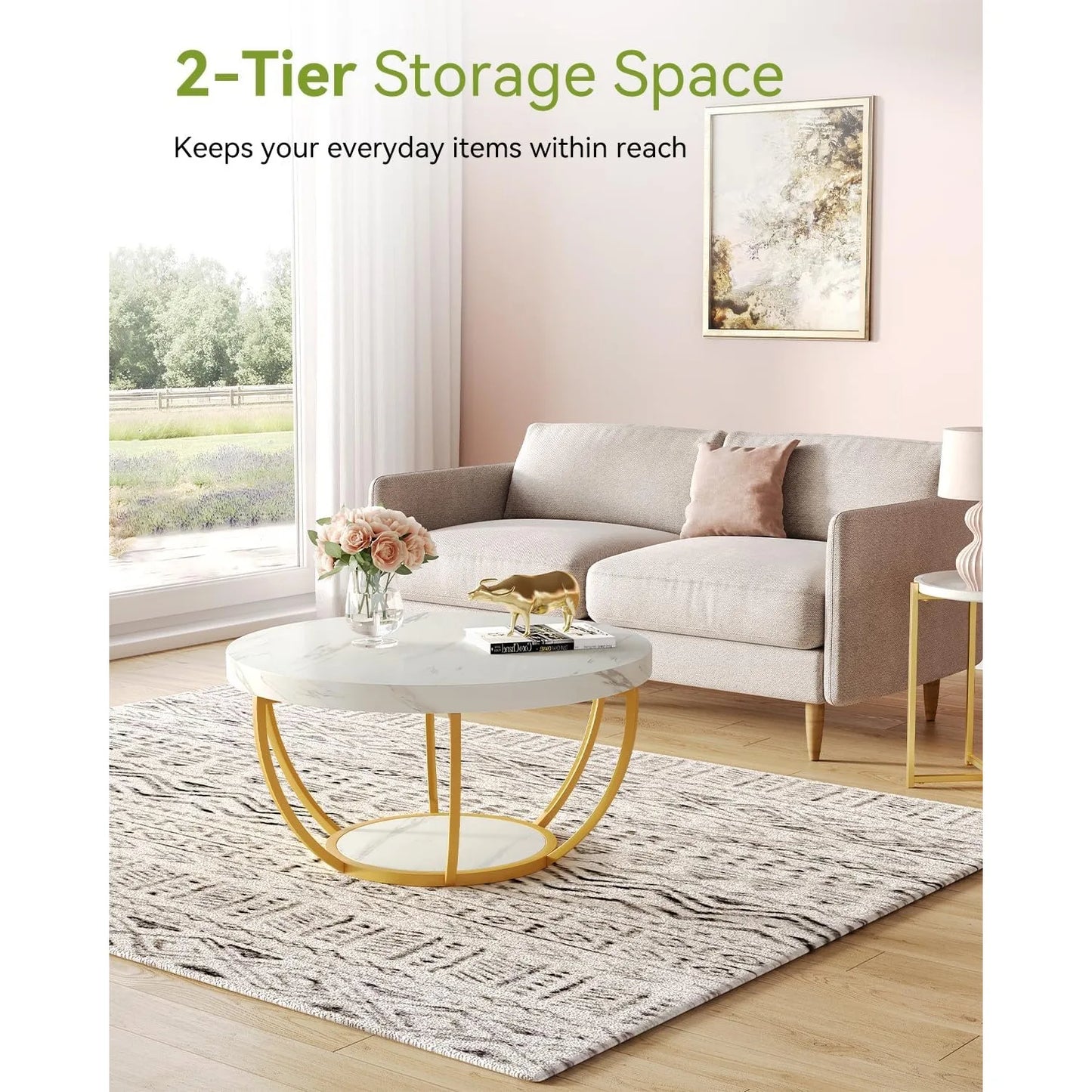 Little Tree Marble Circle Coffee Table With Gold Metal Legs