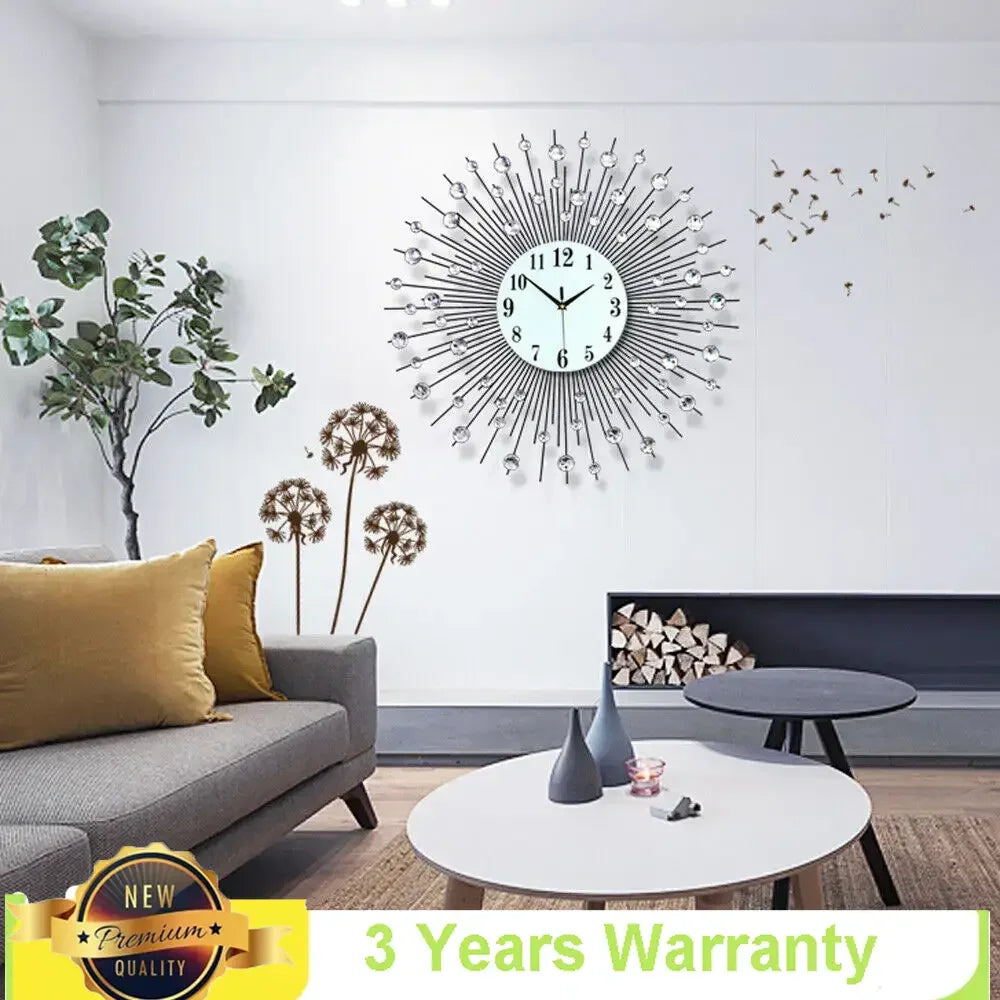 Display Sunburst Metal Wall Clock Modern Diamond Decor